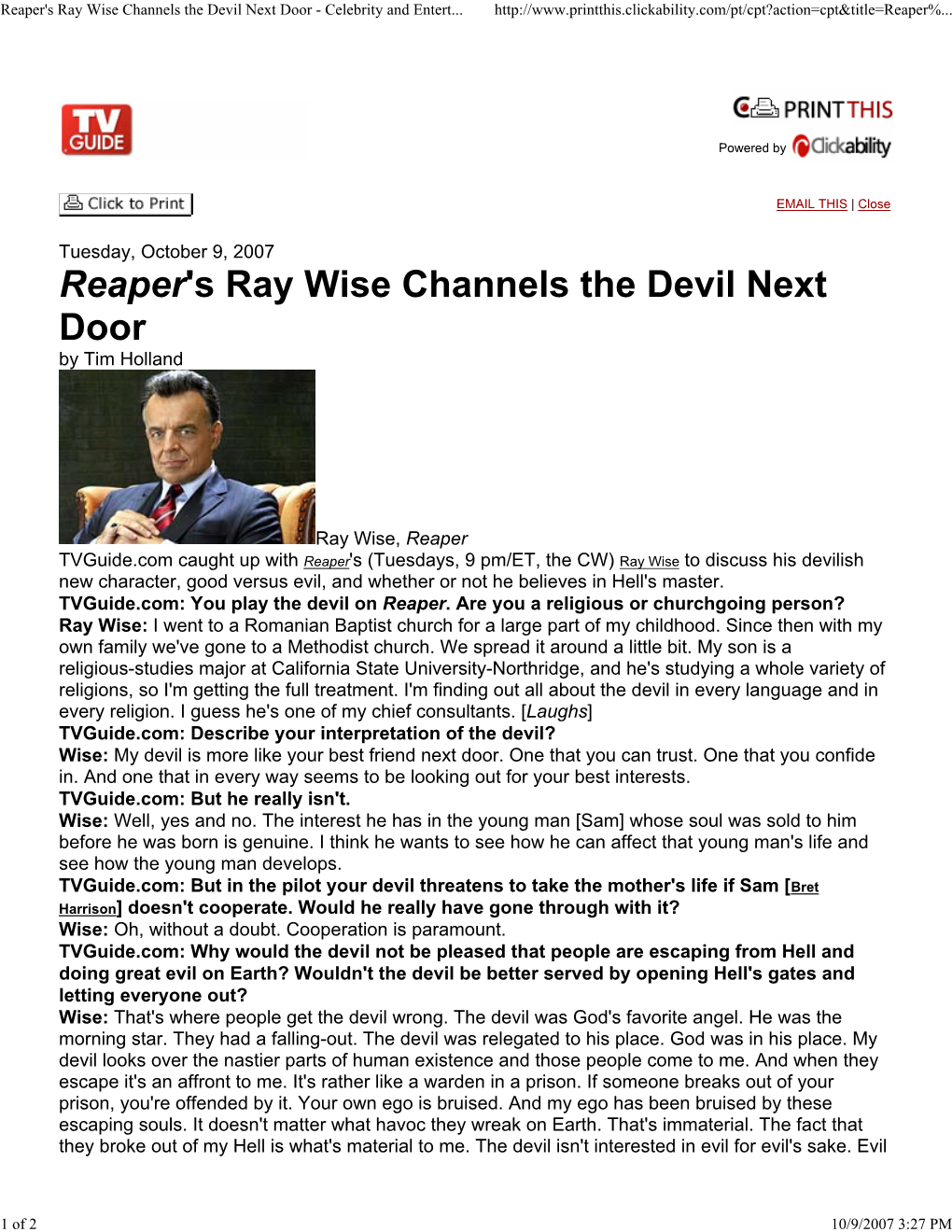 Reaper's Ray Wise Channels the Devil Next Door - Celebrity and Entert