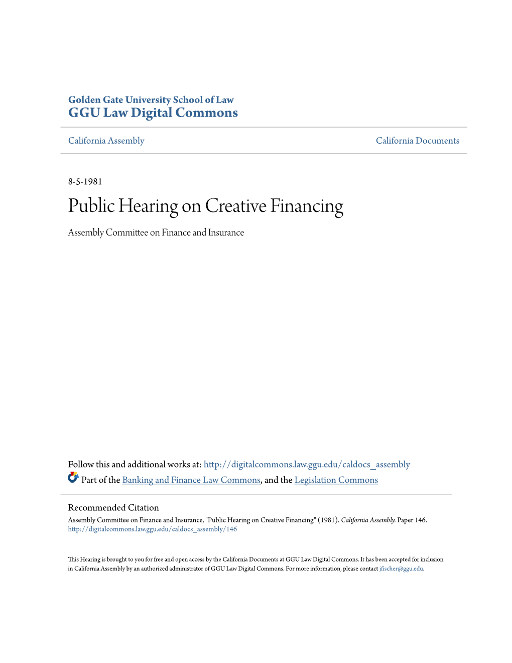 Public Hearing on Creative Financing Assembly Committee on Finance and Insurance