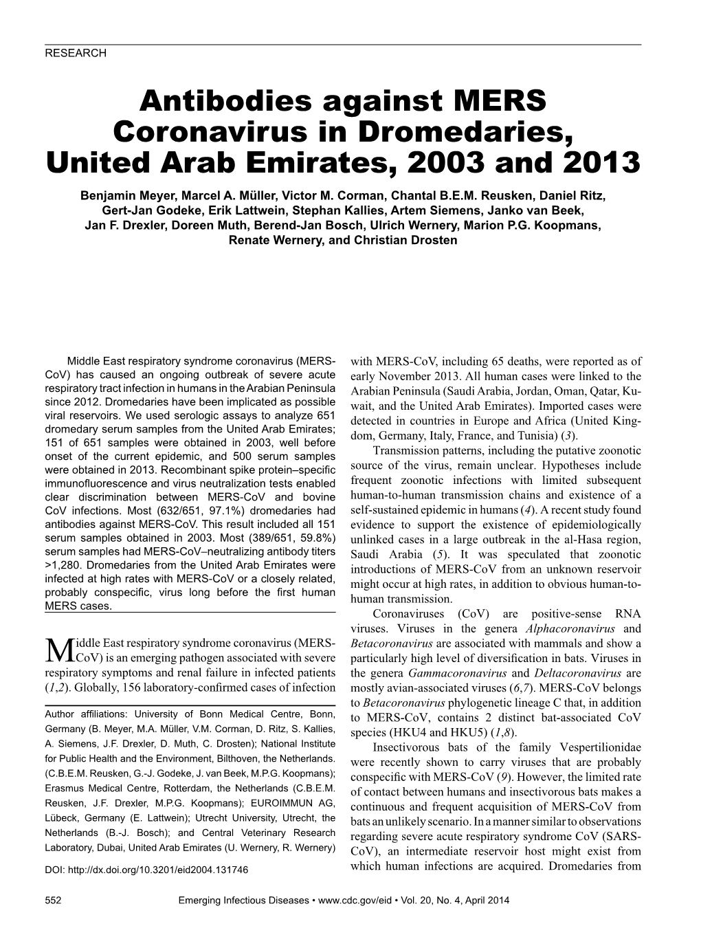 Antibodies Against MERS Coronavirus in Dromedaries, United Arab Emirates, 2003 and 2013 Benjamin Meyer, Marcel A