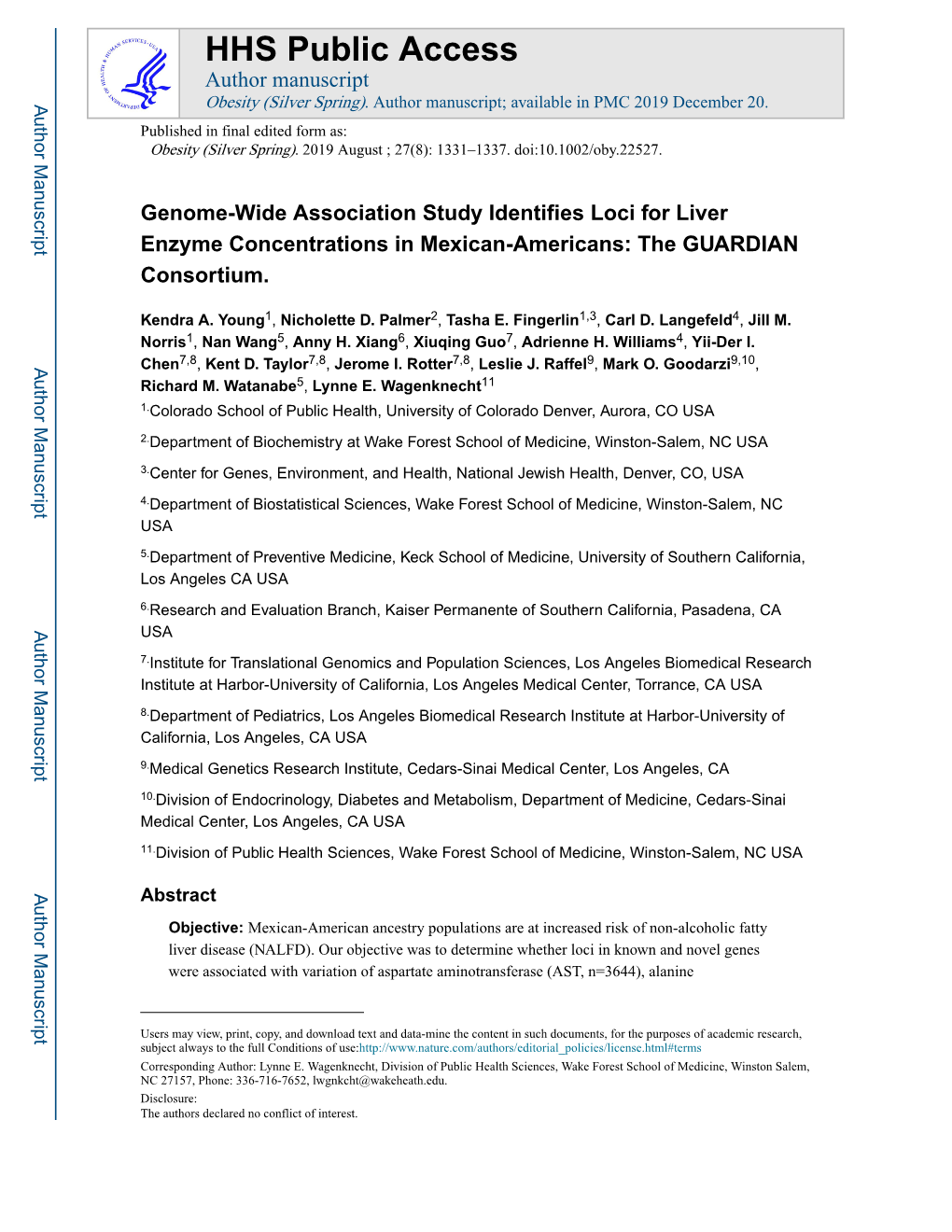 Genome-Wide Association Study Identifies Loci for Liver Enzyme Concentrations in Mexican-Americans: the GUARDIAN Consortium