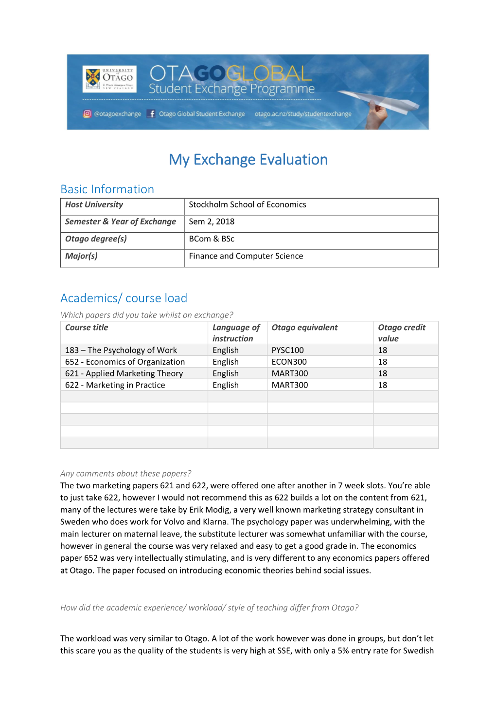 My Exchange Evaluation