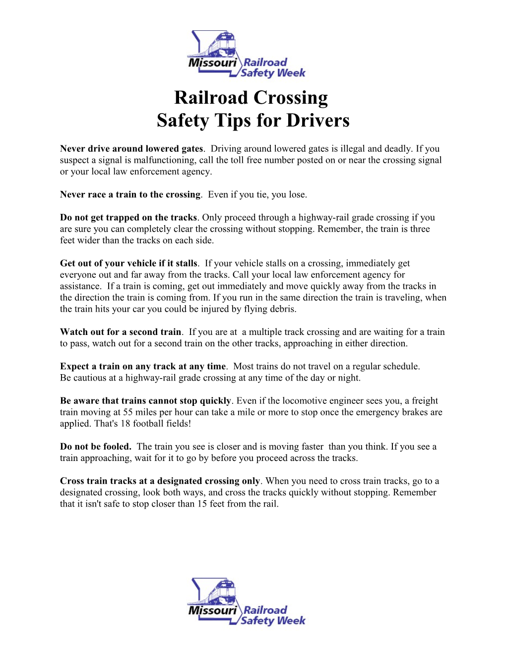 Railroad Crossing Safety Tips