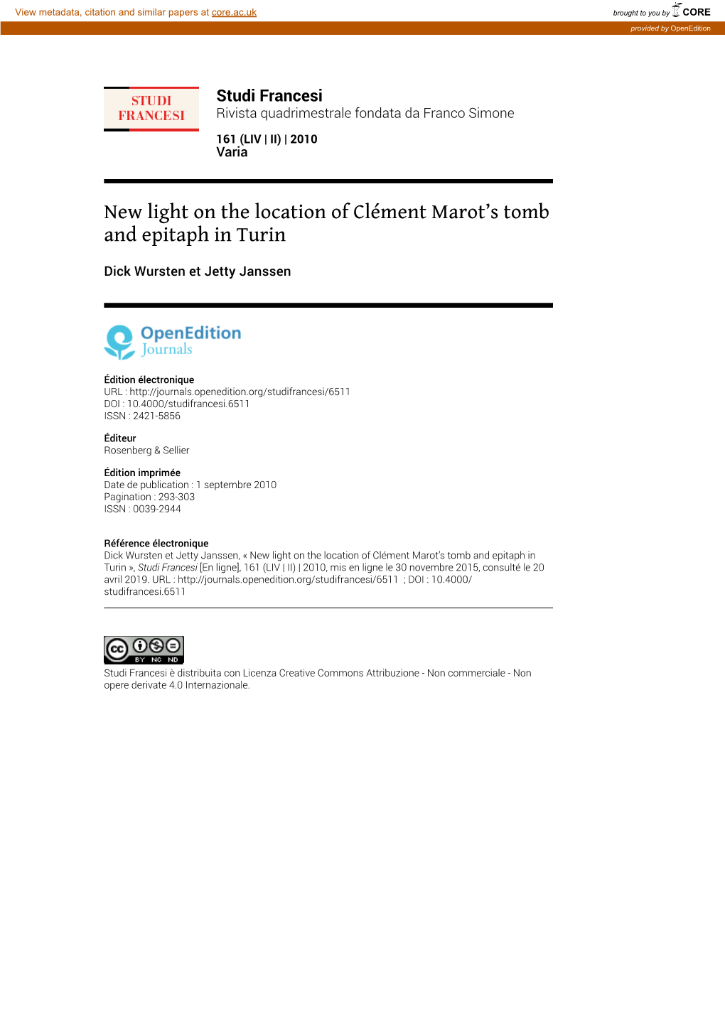 New Light on the Location of Clément Marot's Tomb and Epitaph in Turin