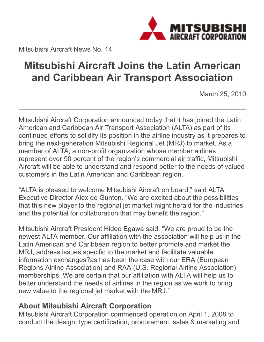 Mitsubishi Aircraft Joins the Latin American and Caribbean Air Transport Association