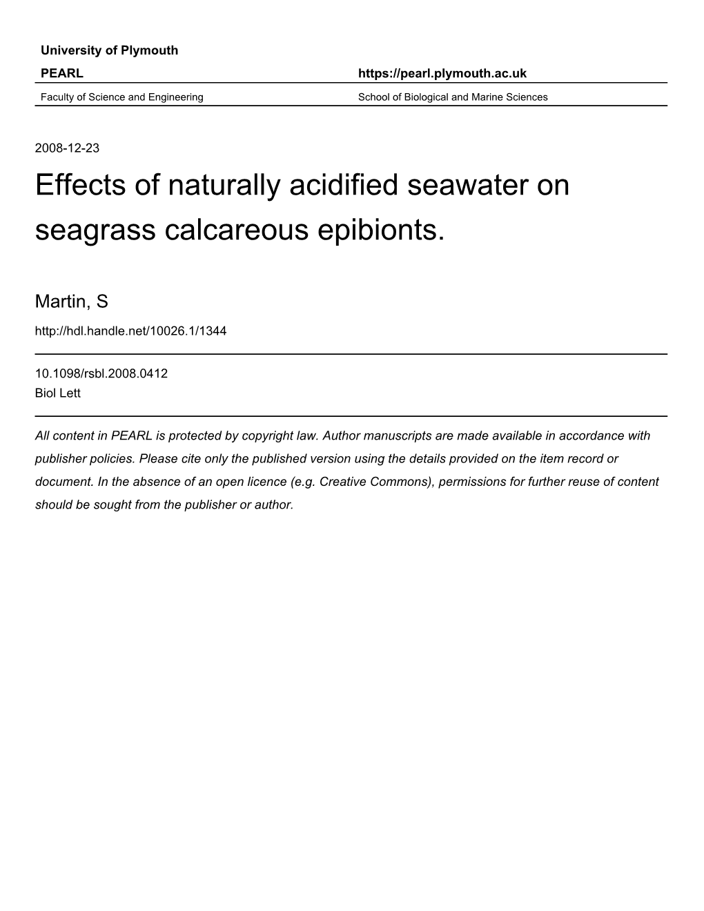 Effects of Naturally Acidified Seawater on Seagrass Calcareous Epibionts