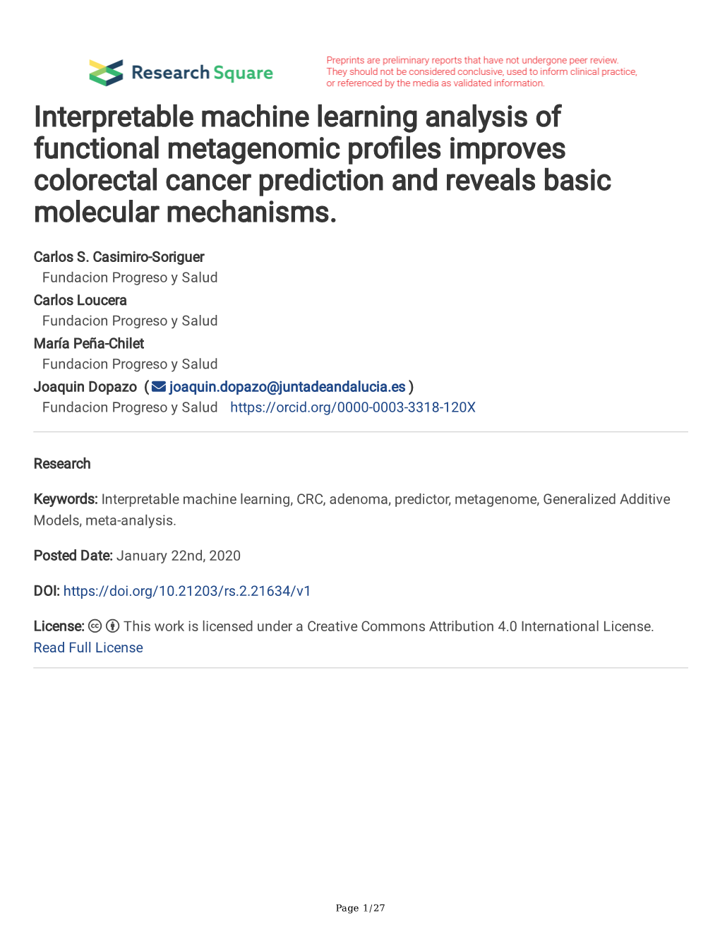 Interpretable Machine Learning Analysis of Functional Metagenomic Profles Improves Colorectal Cancer Prediction and Reveals Basic Molecular Mechanisms