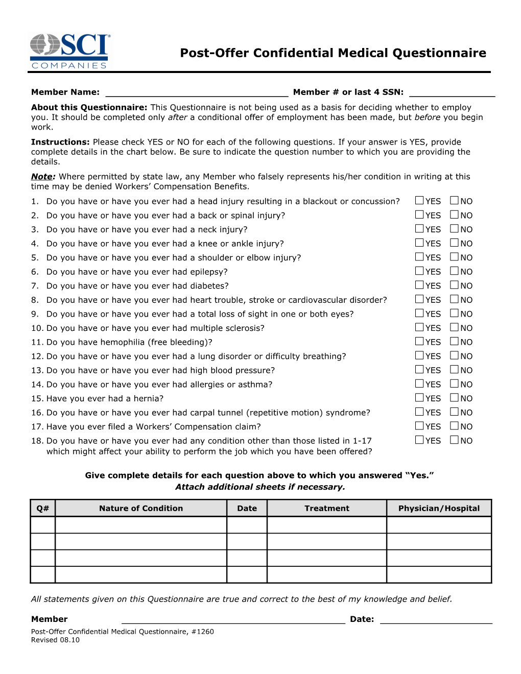 Post-Offer Medical Questionnaire