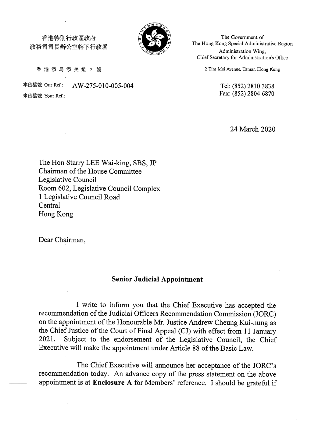 Director of Administration's Letter Dated 24 March 2020 Issued to Members