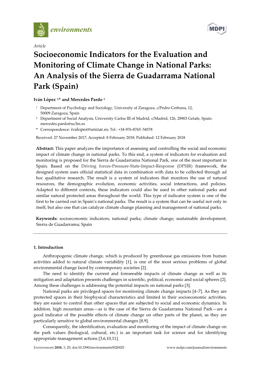 Socioeconomic Indicators for the Evaluation and Monitoring of Climate Change in National Parks: an Analysis of the Sierra De Guadarrama National Park (Spain)