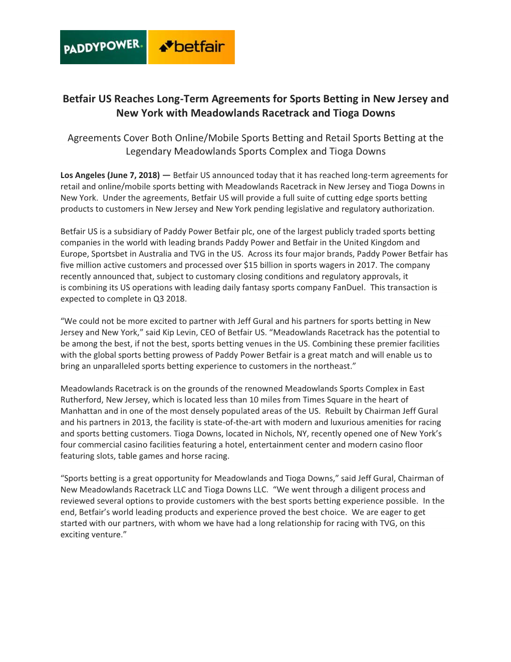 Betfair US Reaches Long-Term Agreements for Sports Betting in New Jersey and New York with Meadowlands Racetrack and Tioga Downs
