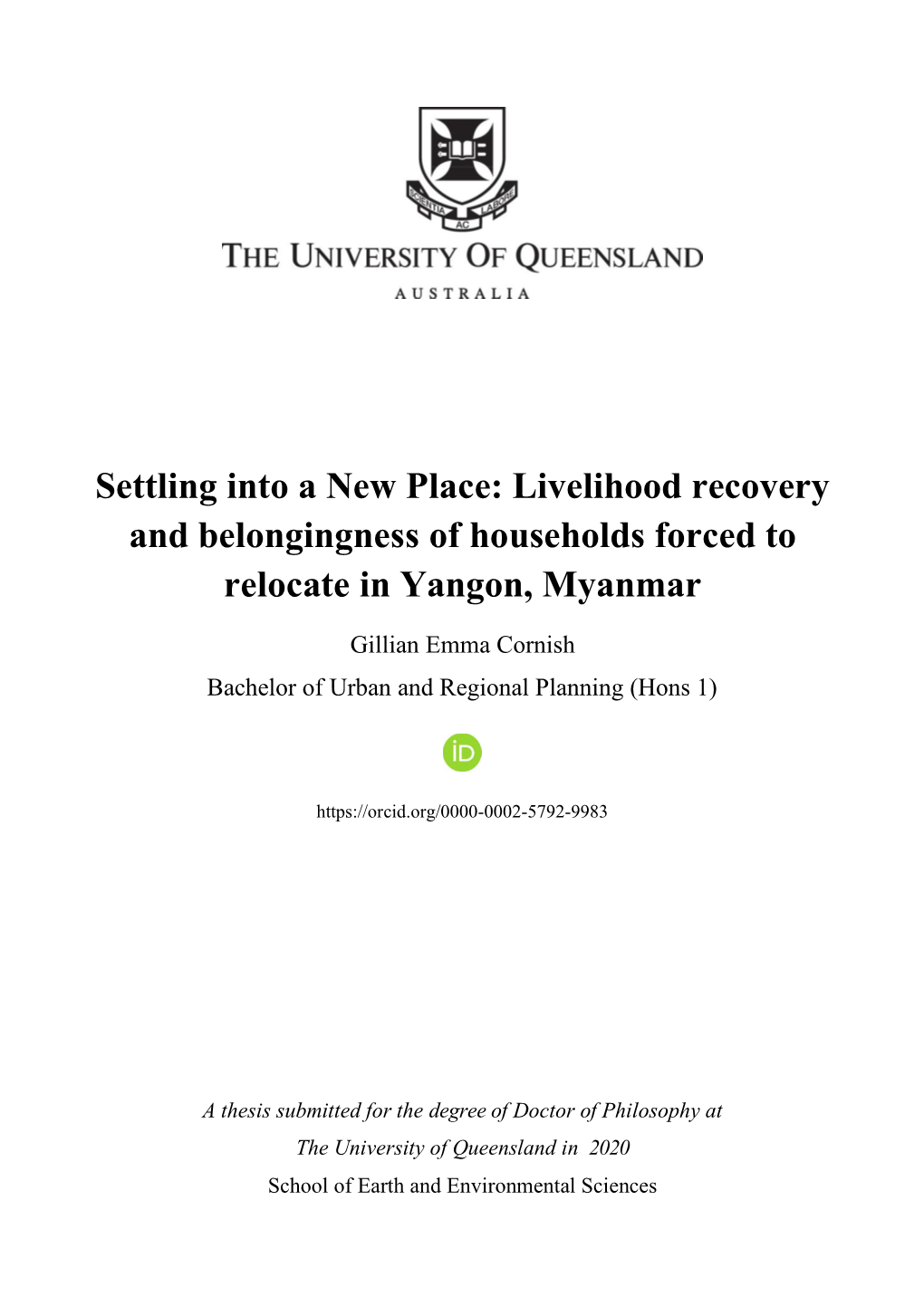 Livelihood Recovery and Belongingness of Households Forced to Relocate in Yangon, Myanmar