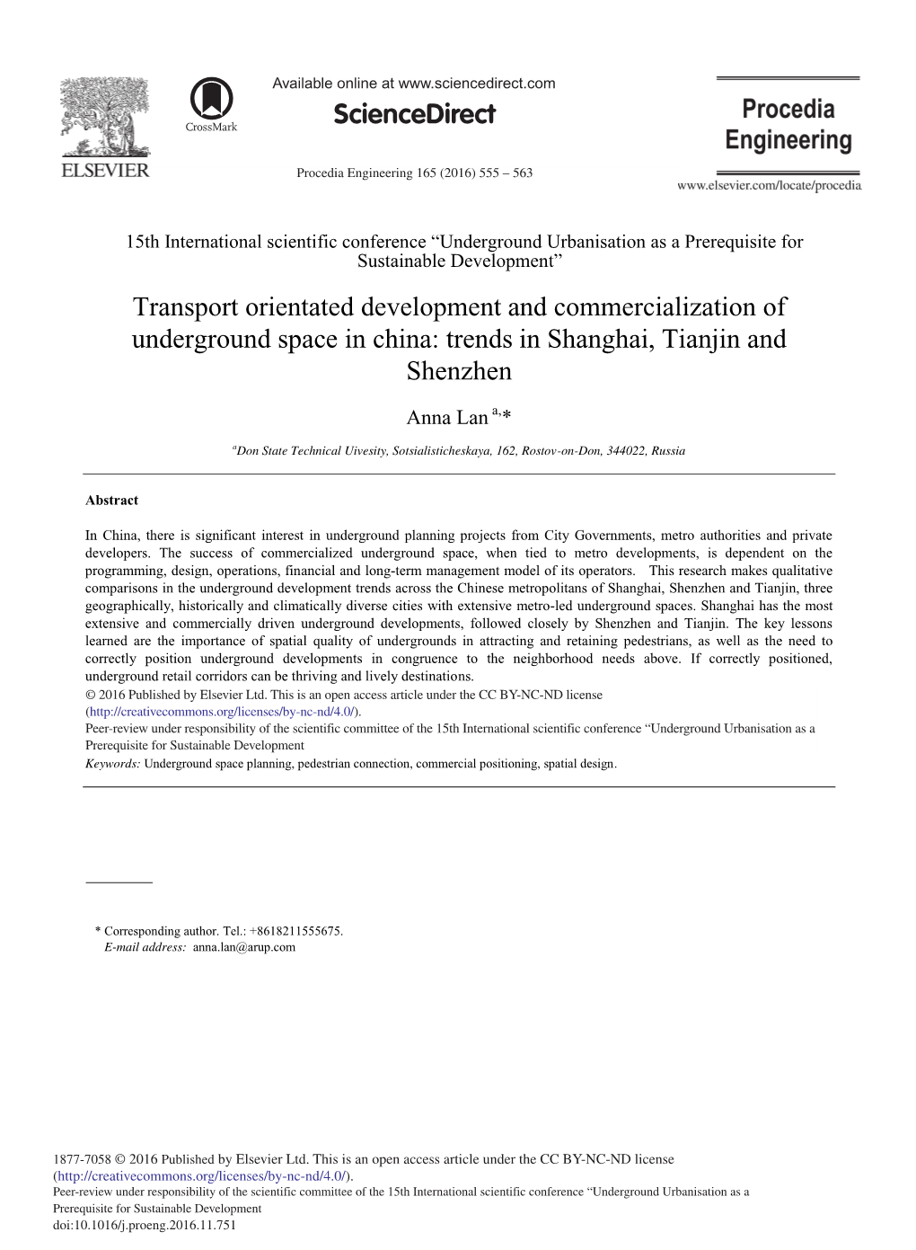 Transport Orientated Development and Commercialization of Underground Space in China: Trends in Shanghai, Tianjin and Shenzhen