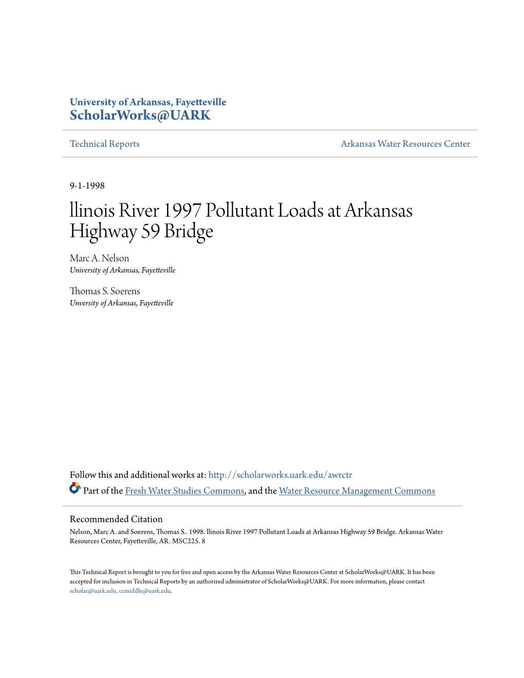 Llinois River 1997 Pollutant Loads at Arkansas Highway 59 Bridge Marc A