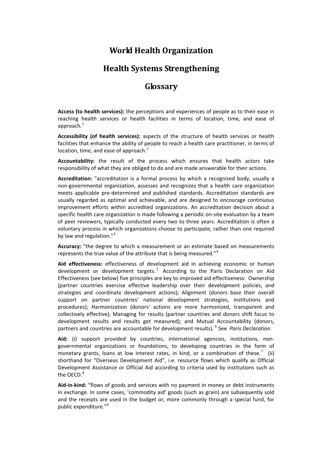 World Health Organization Health Systems Strengthening Glossary