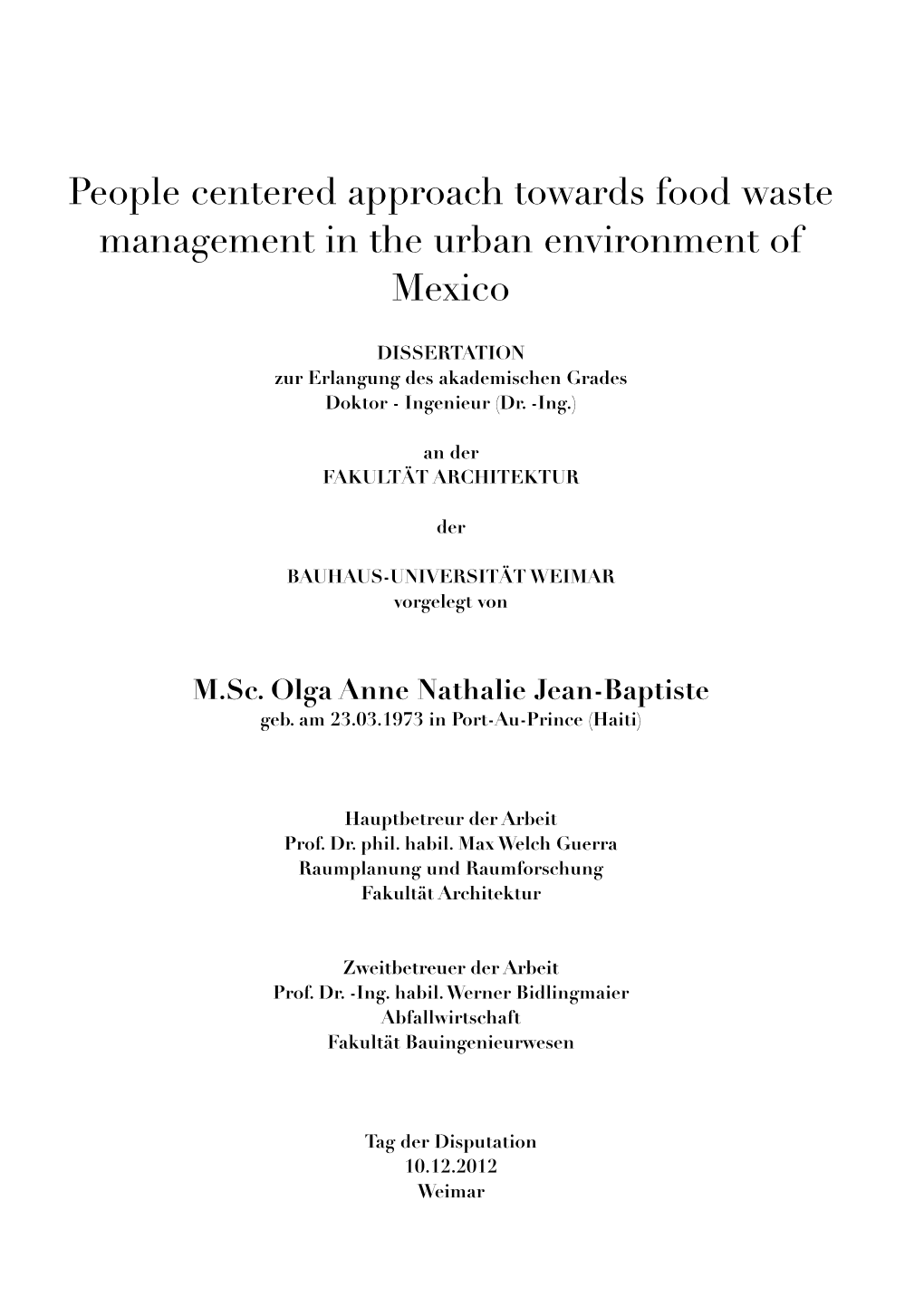 People Centered Approach Towards Food Waste Management in the Urban Environment of Mexico
