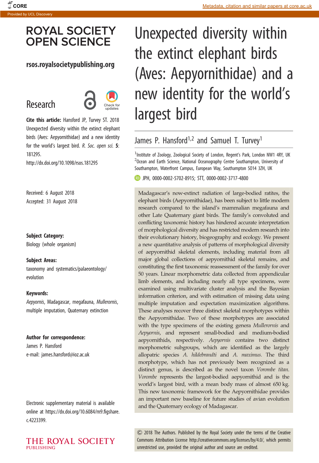 Unexpected Diversity Within the Extinct Elephant Birds Rsos.Royalsocietypublishing.Org (Aves: Aepyornithidae) and a New Identity for the World’S Research