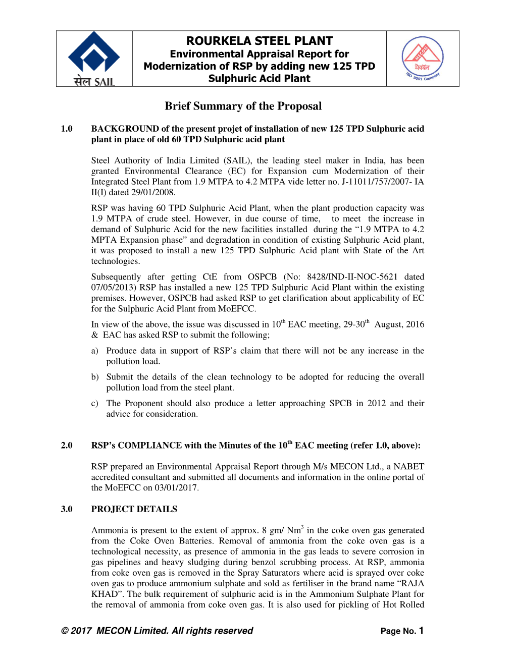 ROURKELA STEEL PLANT Brief Summary of the Proposal