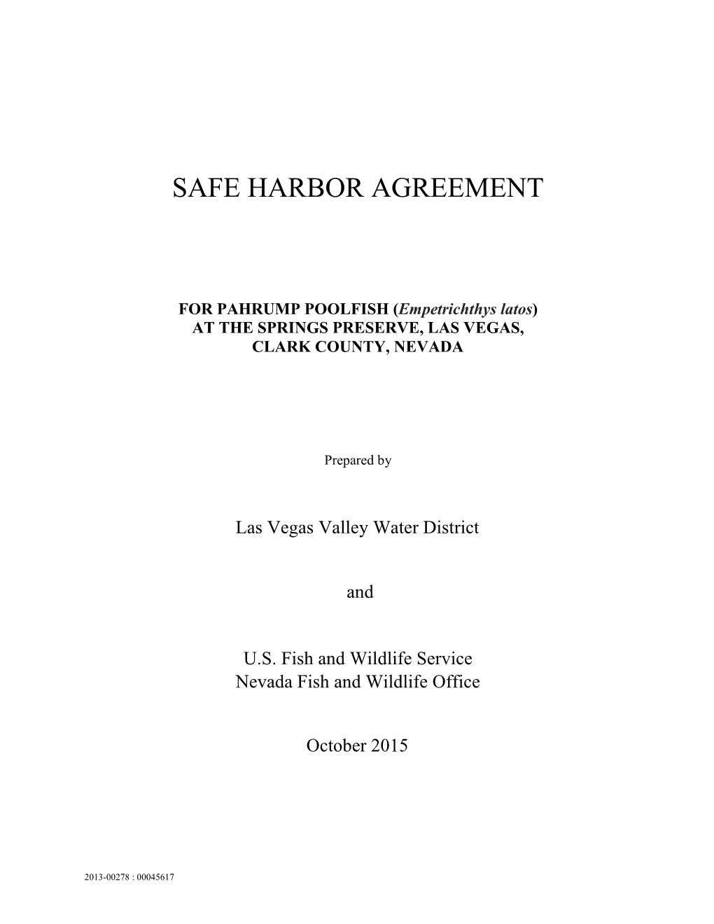 Safe Harbor Agreement for Pahrump Poolfish at the Springs Preserve