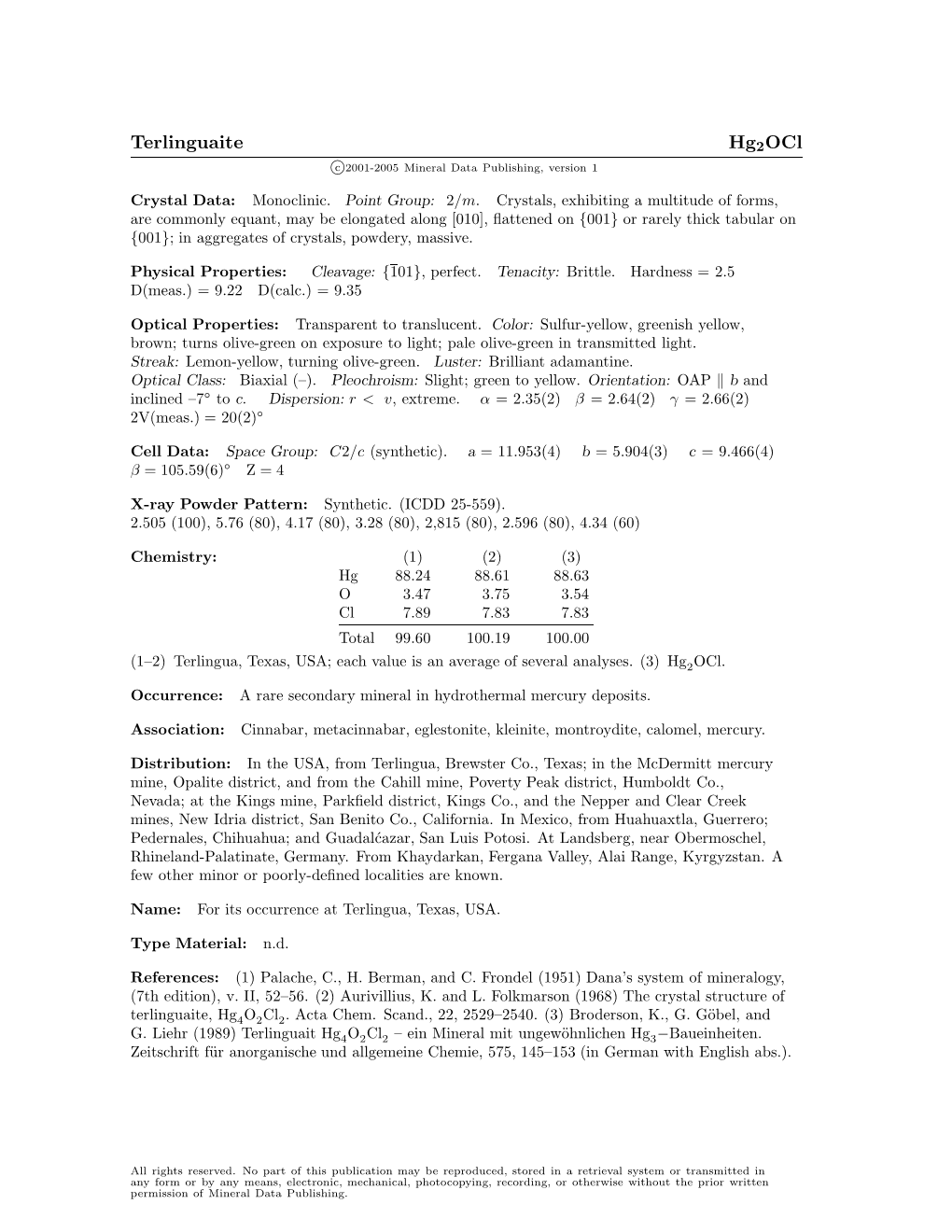 Terlinguaite Hg2ocl C 2001-2005 Mineral Data Publishing, Version 1