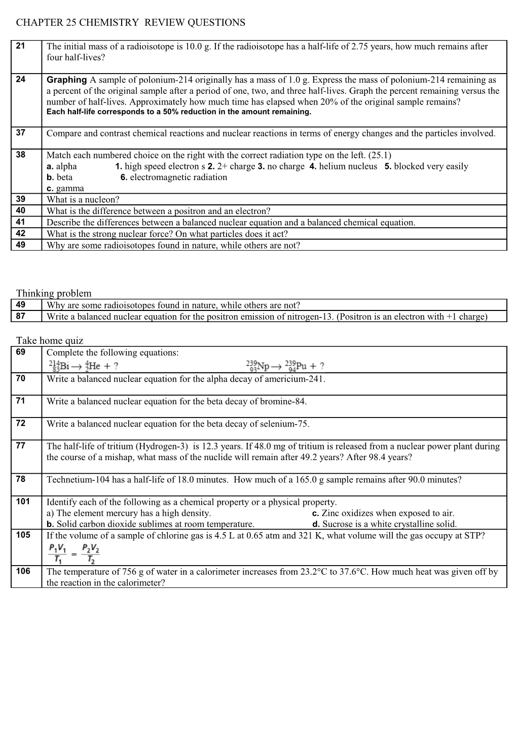 Chapter 25 Chemistry Review Questions