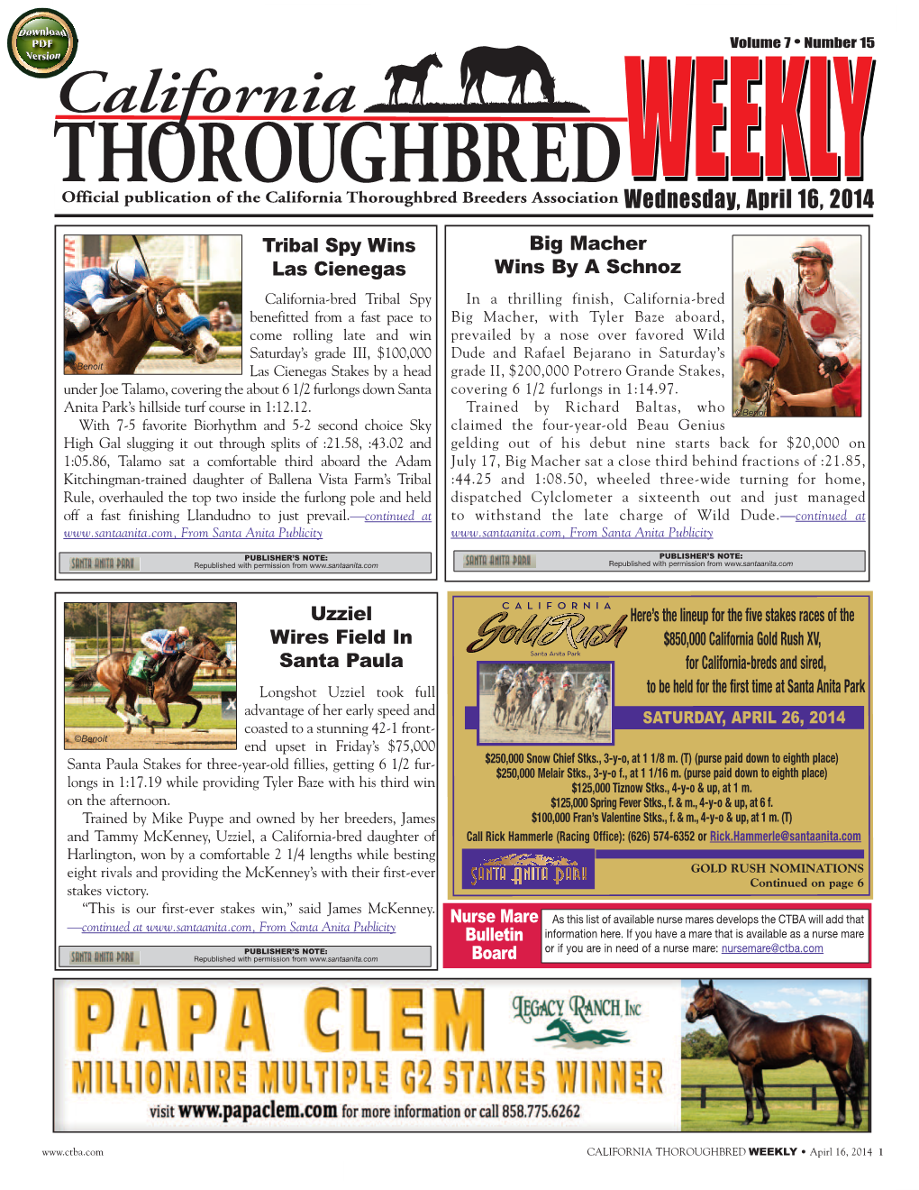 California Thoroughbred Weekly for Tuesday 4-15-2014