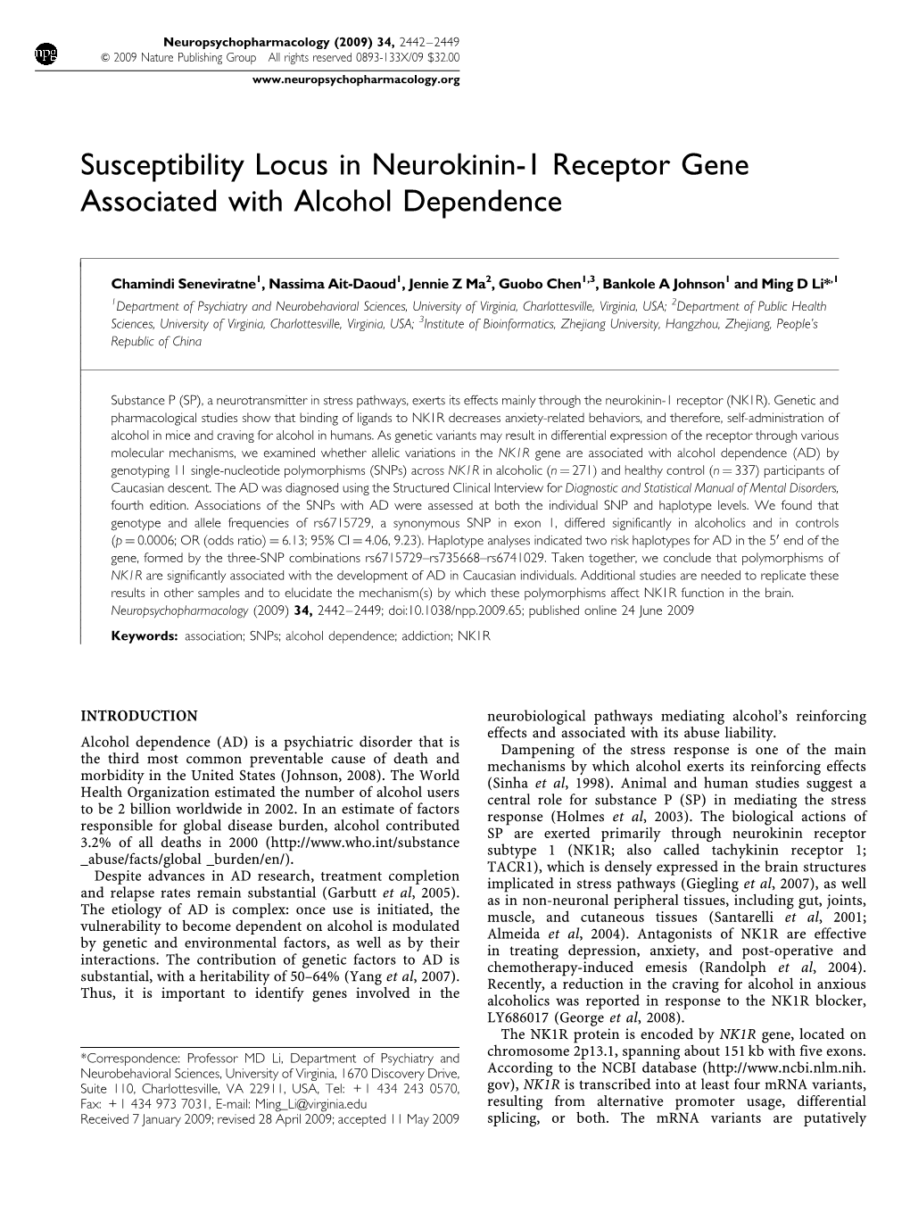 Susceptibility Locus in Neurokinin-1 Receptor Gene Associated with Alcohol Dependence