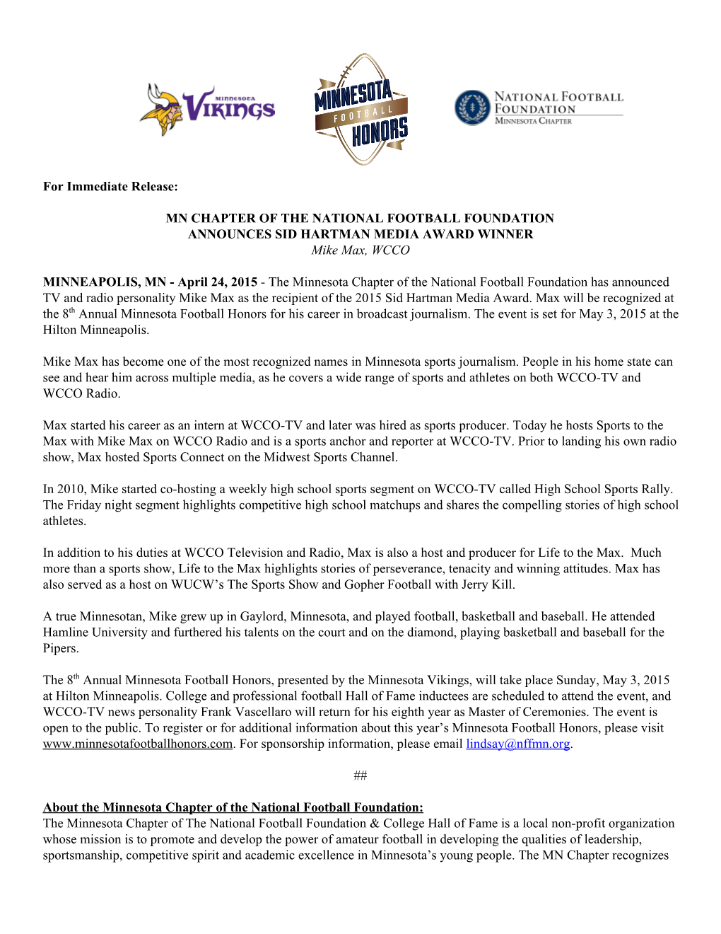 For Immediate Release: MN CHAPTER of the NATIONAL