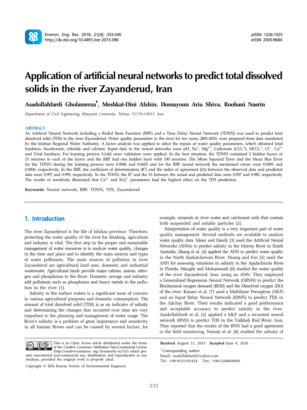Application of Artificial Neural Networks to Predict Total Dissolved Solids in the River Zayanderud, Iran