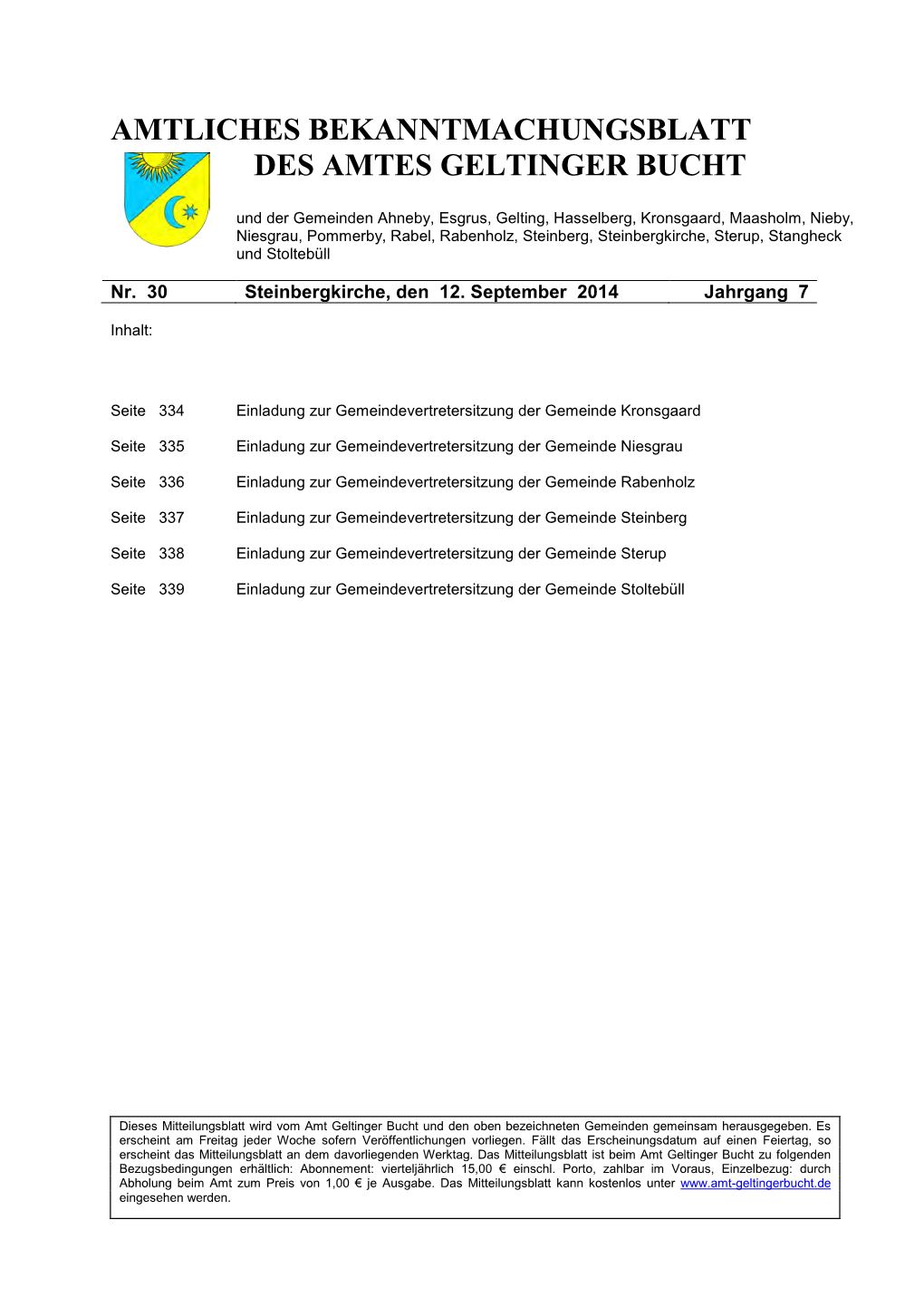 Amtliches Bekanntmachungsblatt Des Amtes Geltinger Bucht Nr. 30/2014