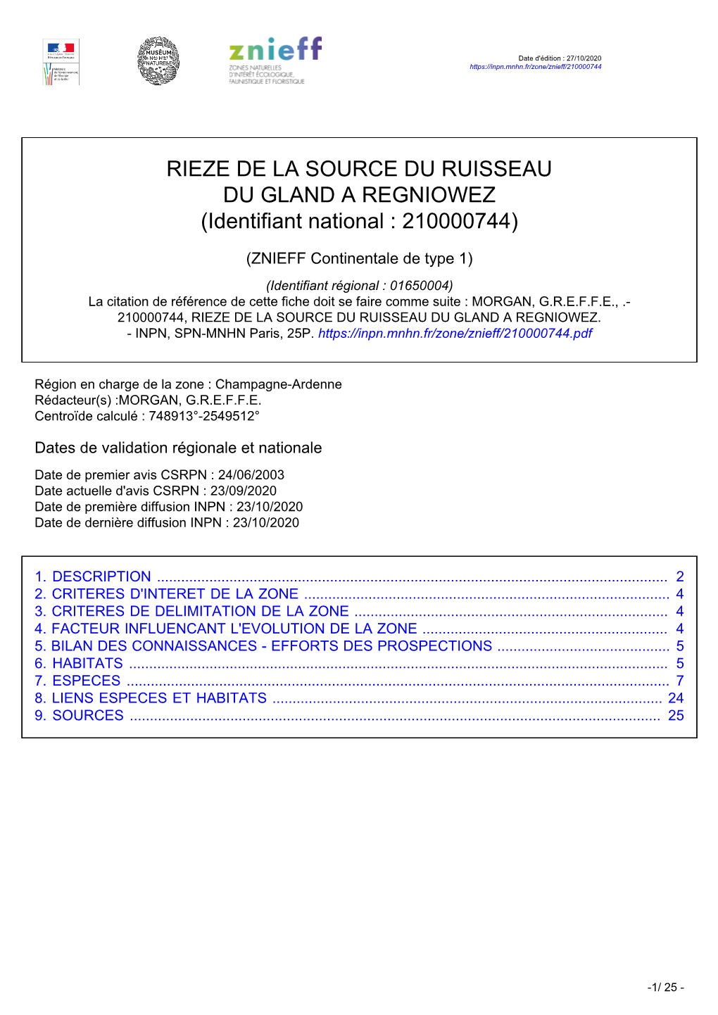 RIEZE DE LA SOURCE DU RUISSEAU DU GLAND a REGNIOWEZ (Identifiant National : 210000744)