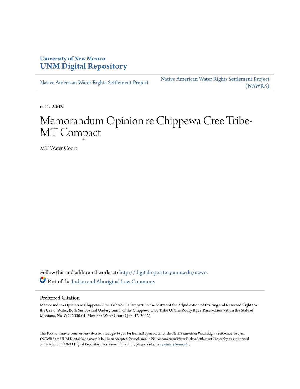 Memorandum Opinion Re Chippewa Cree Tribe-MT Compact