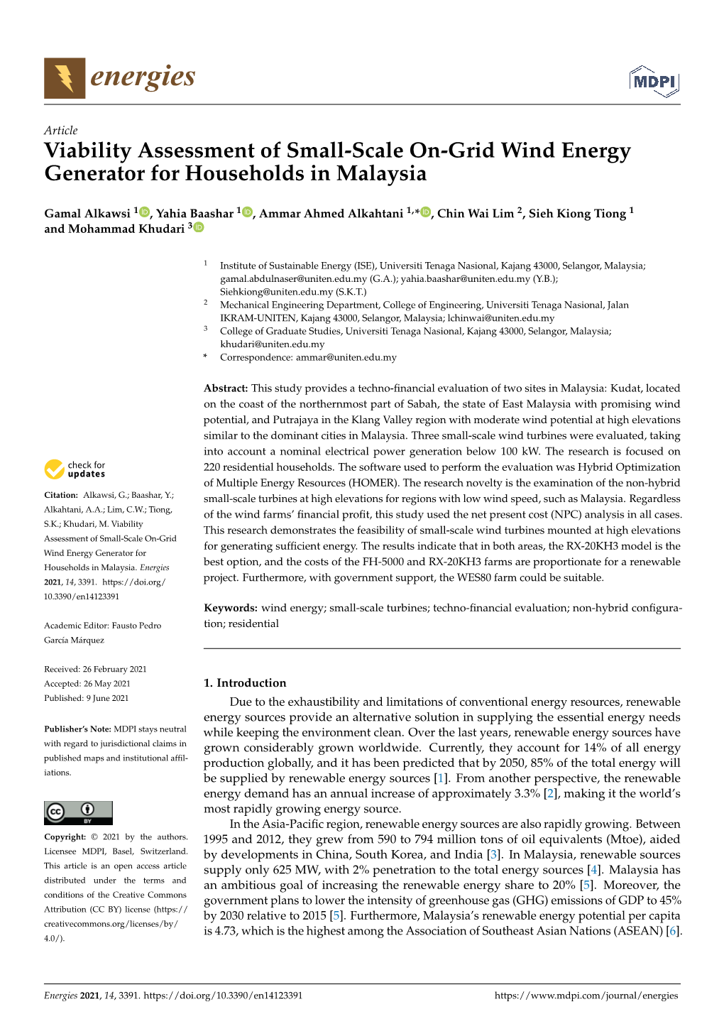 Viability Assessment of Small-Scale On-Grid Wind Energy Generator for Households in Malaysia