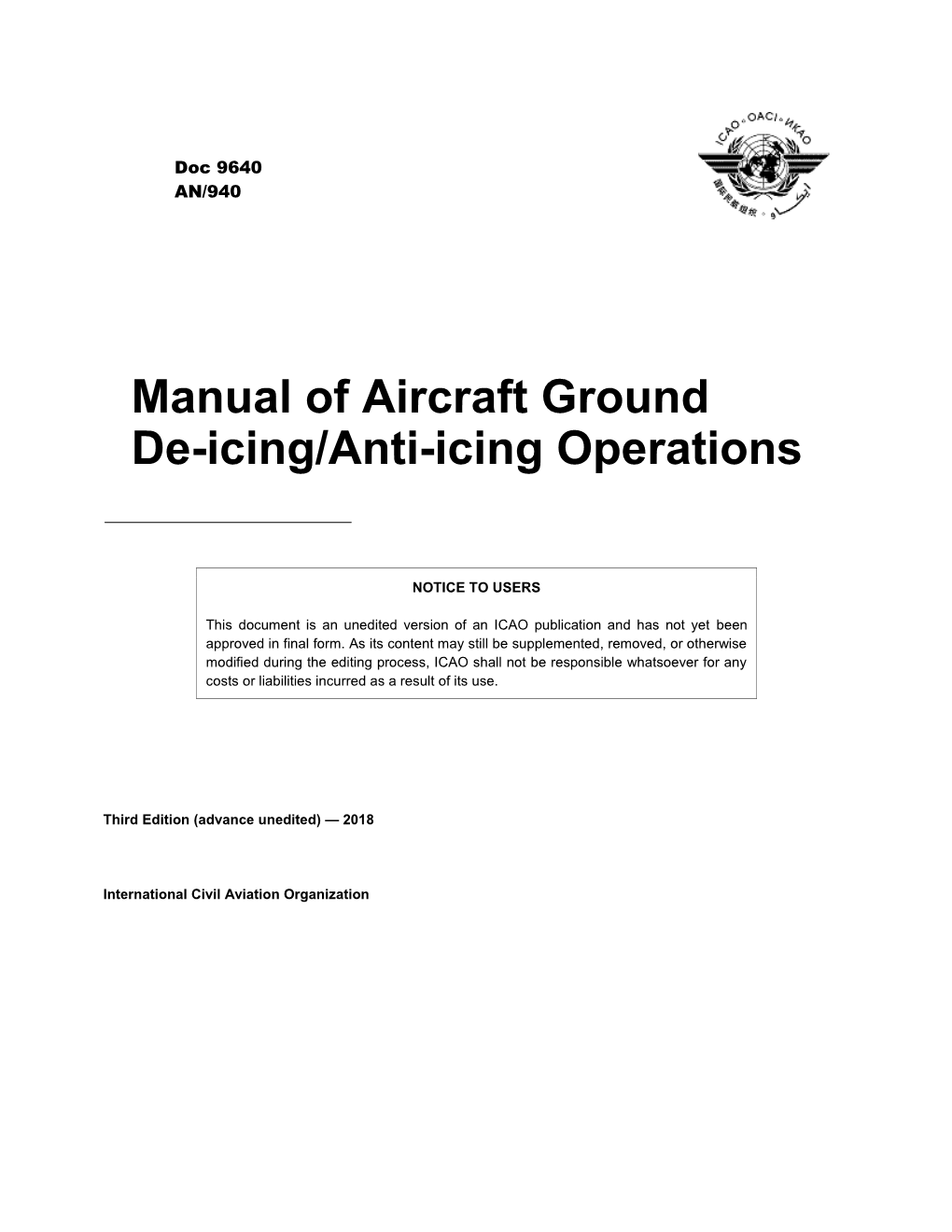 Manual of Aircraft Ground De-Icing/Anti-Icing Operations