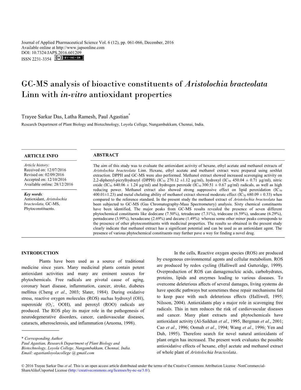 GC-MS Analysis of Bioactive Constituents of Aristolochia Bracteolata Linn with In-Vitro Antioxidant Properties