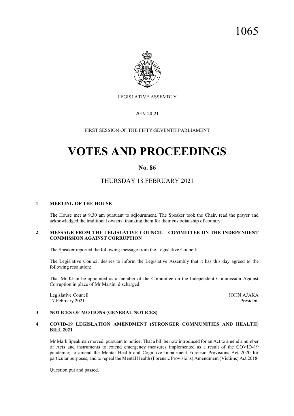 1065 Votes and Proceedings
