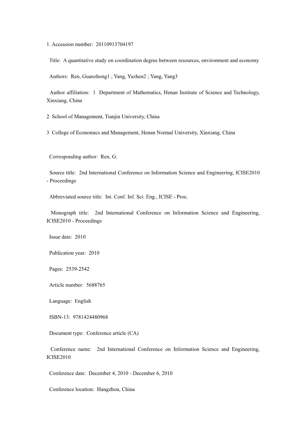 Title: a Quantitative Study on Coordination Degree Between Resources, Environment and Economy