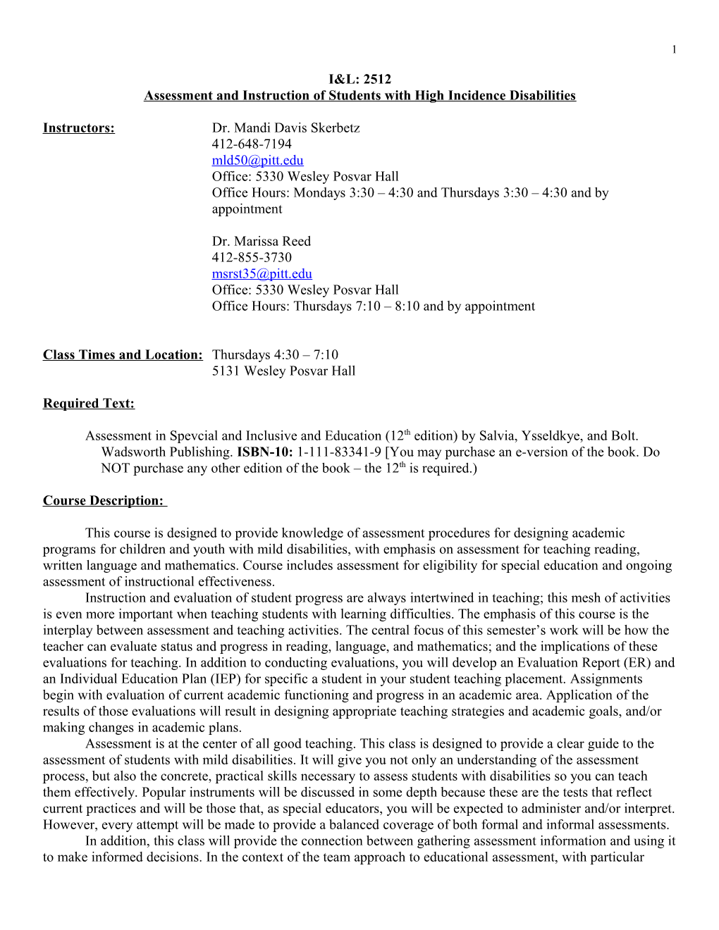 Assessment and Instruction of Students with High Incidence Disabilities