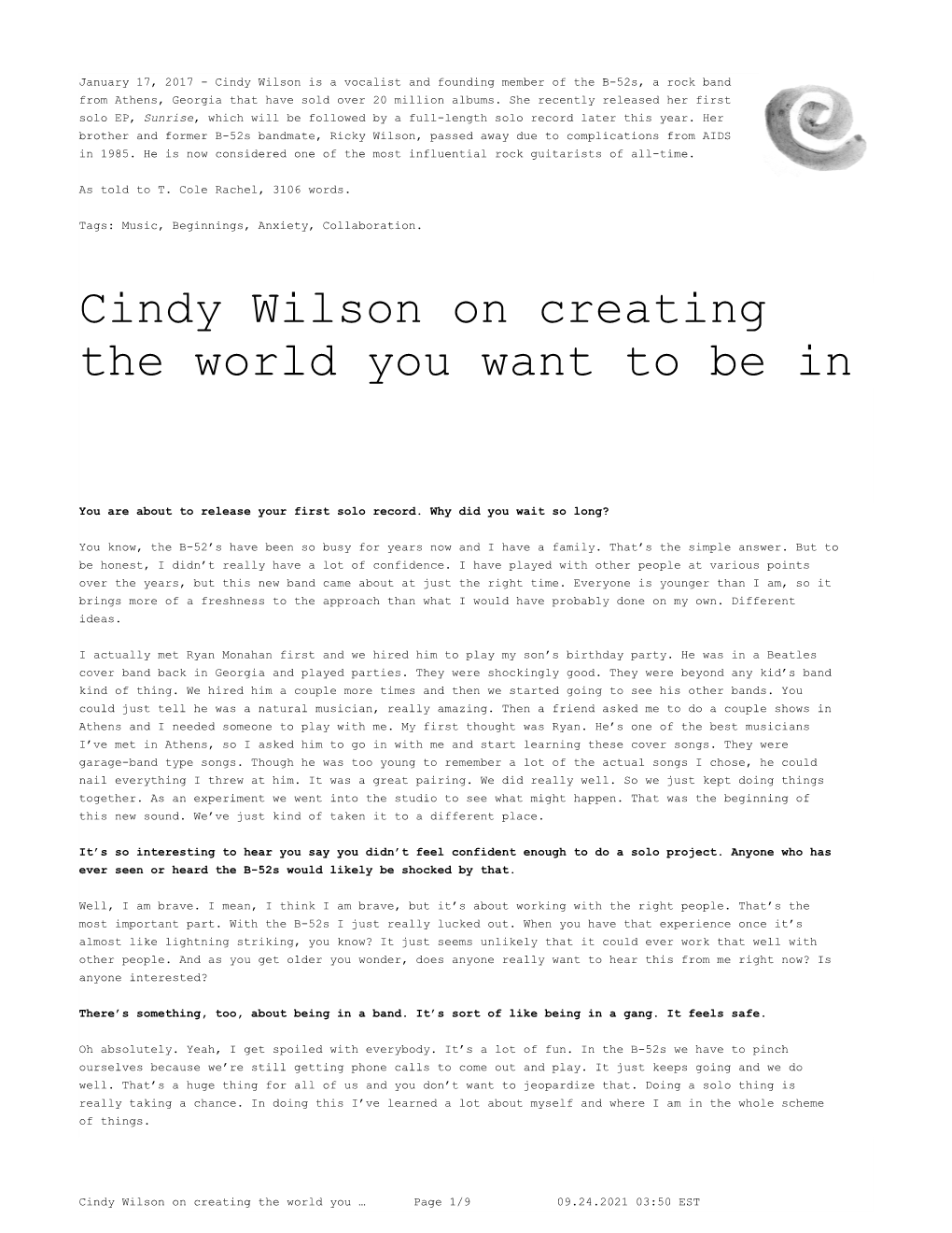 Cindy Wilson on Creating the World You Want to Be In