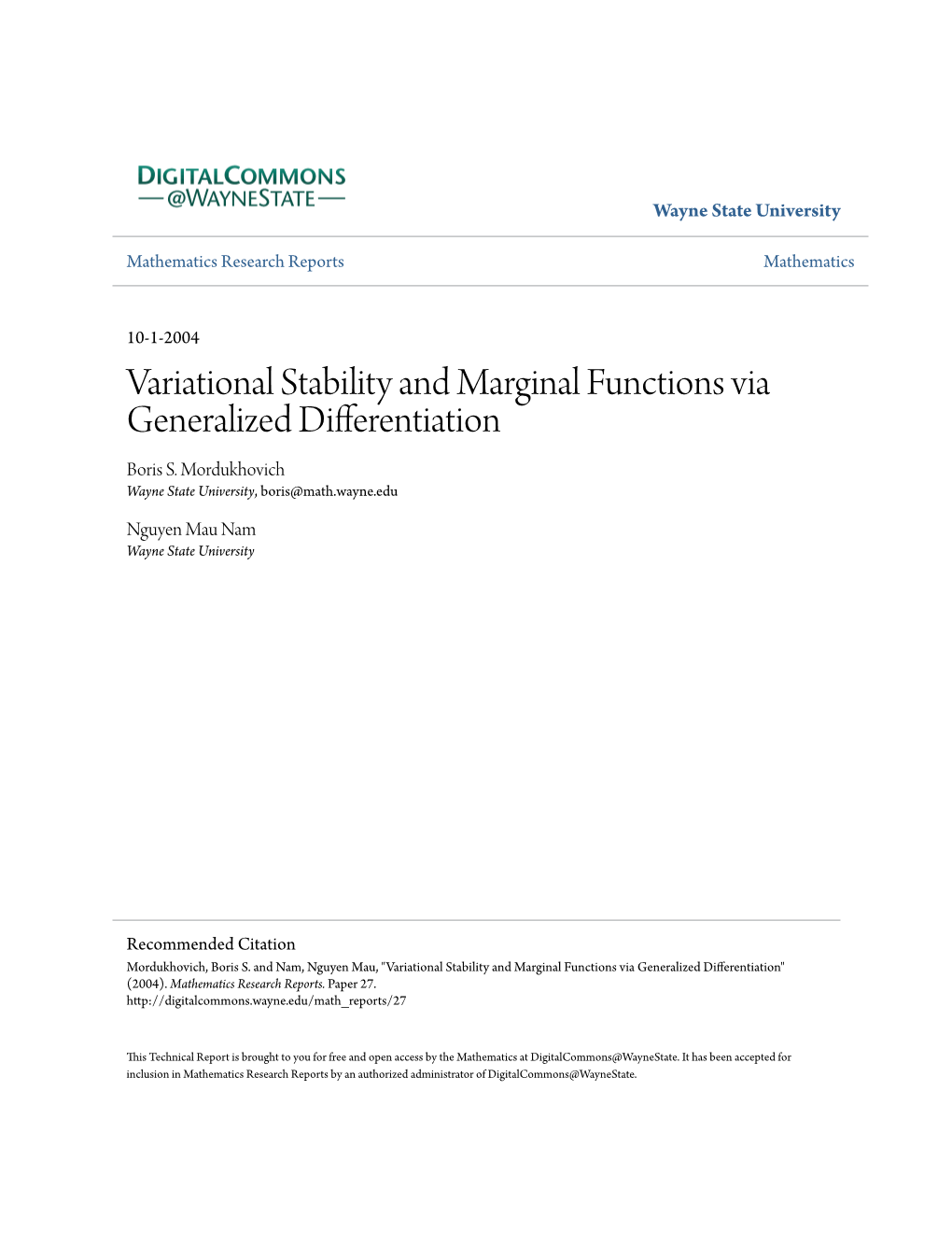 Variational Stability and Marginal Functions Via Generalized Differentiation Boris S