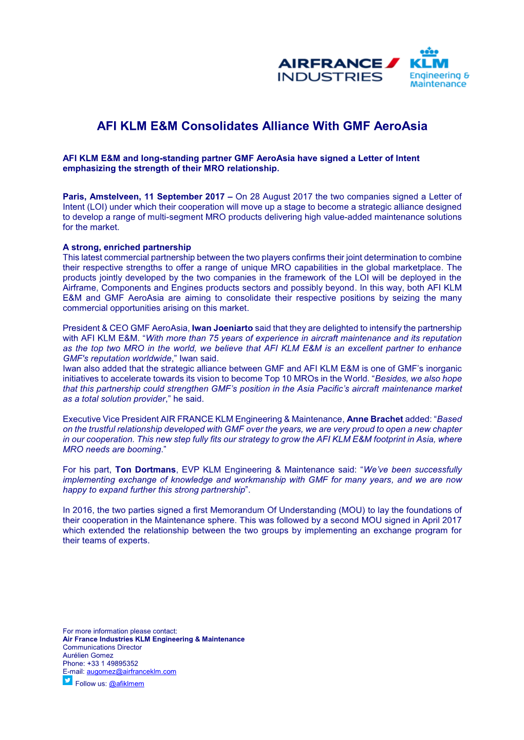 AFI KLM E&M Consolidates Alliance with GMF Aeroasia