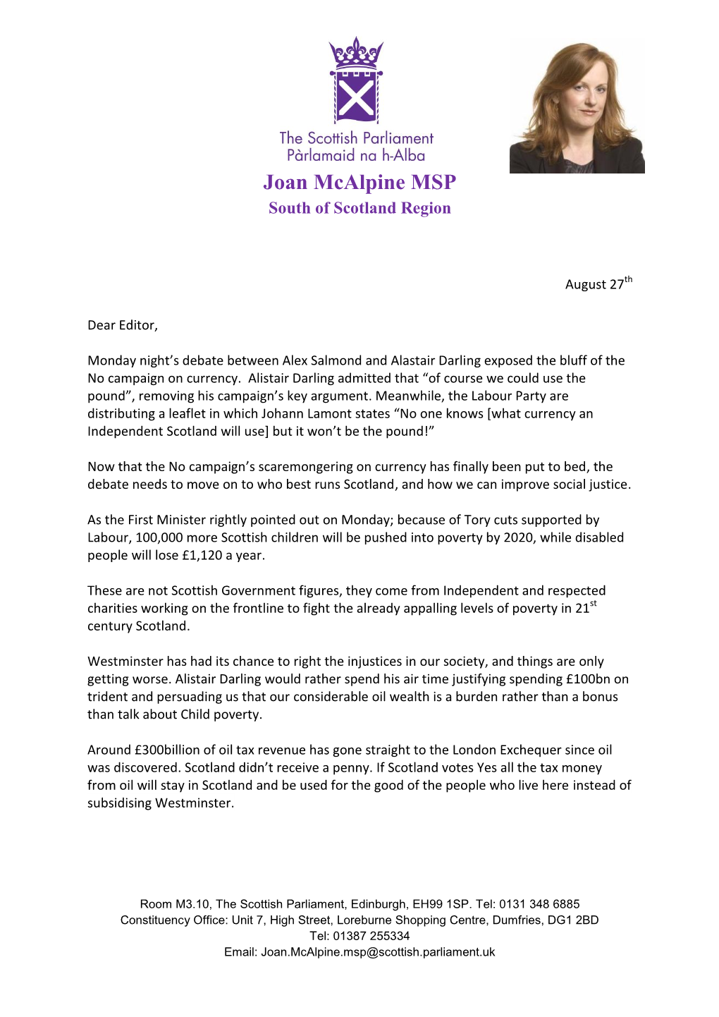 Joan Mcalpine MSP South of Scotland Region