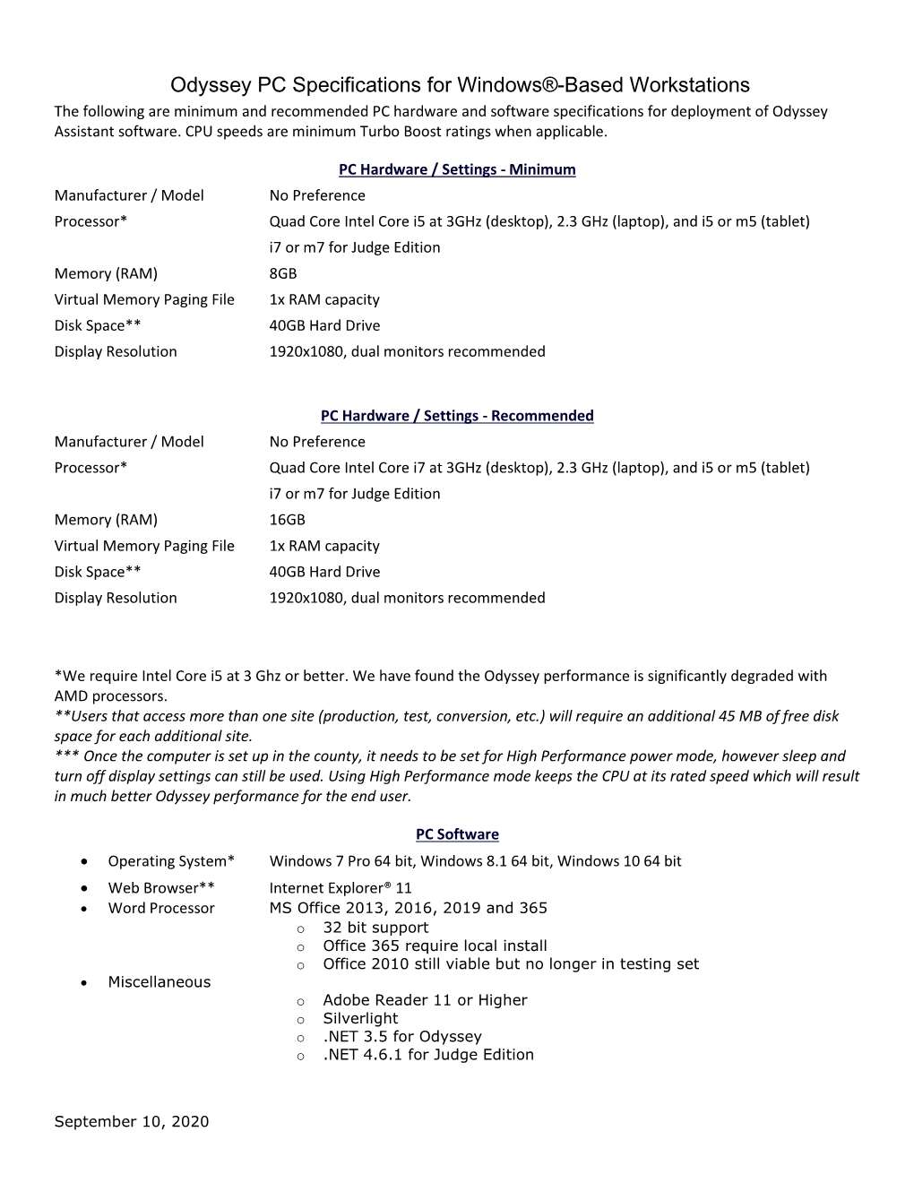 Odyssey PC Specifications for Windows®-Based Workstations