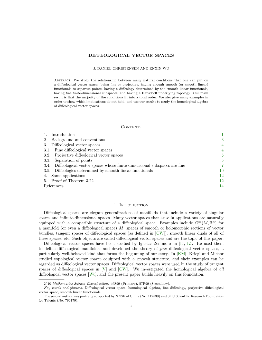 DIFFEOLOGICAL VECTOR SPACES Contents 1. Introduction 1 2