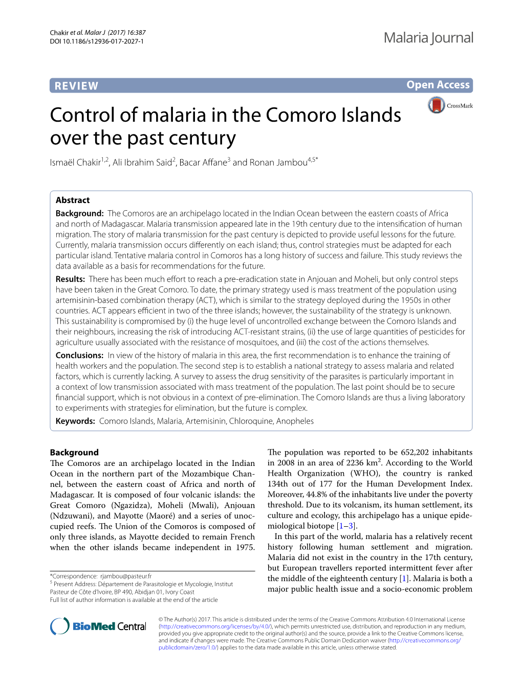 Control of Malaria in the Comoro Islands Over the Past Century Ismaël Chakir1,2, Ali Ibrahim Said2, Bacar Afane3 and Ronan Jambou4,5*