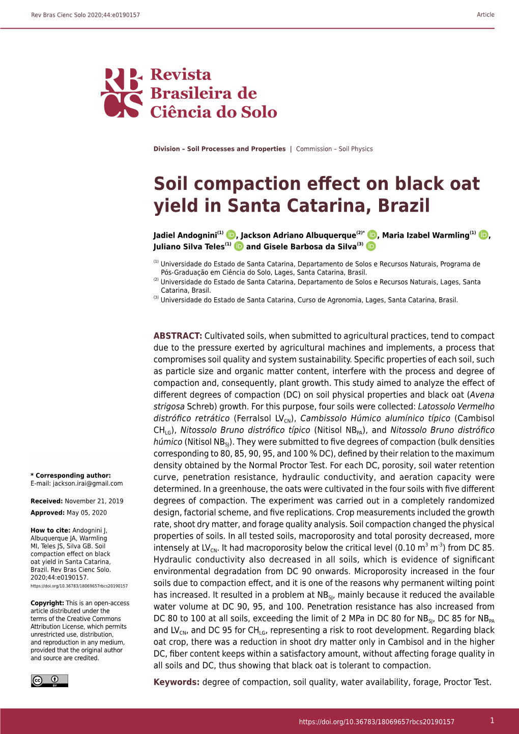 Soil Compaction Effect on Black Oat Yield in Santa Catarina, Brazil