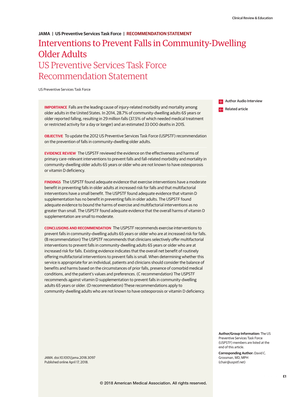 Interventions to Prevent Falls in Community-Dwelling Older Adults US Preventive Services Task Force Recommendation Statement