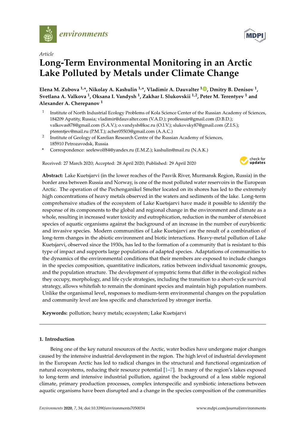 Long-Term Environmental Monitoring in an Arctic Lake Polluted by Metals Under Climate Change