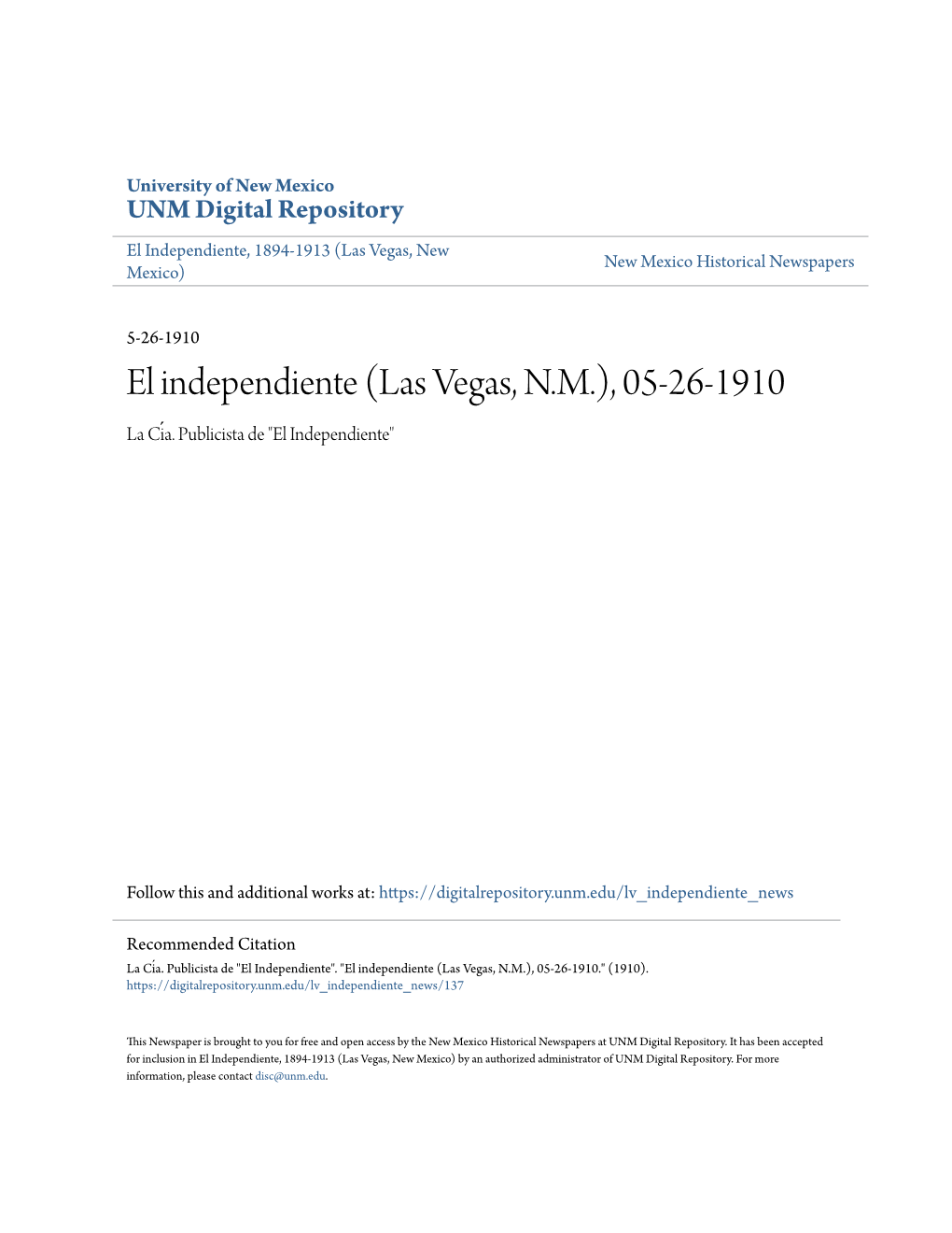 El Independiente (Las Vegas, N.M.), 05-26-1910 La Ciá