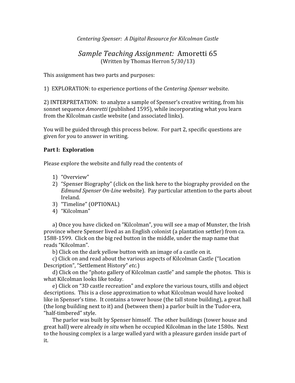 Sample Teaching Assignment: Amoretti 65 (Written by Thomas Herron 5/30/13)