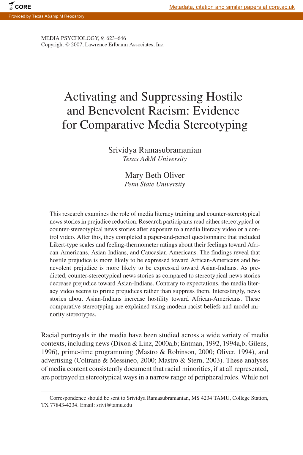 Activating and Suppressing Hostile and Benevolent Racism: Evidence for Comparative Media Stereotyping